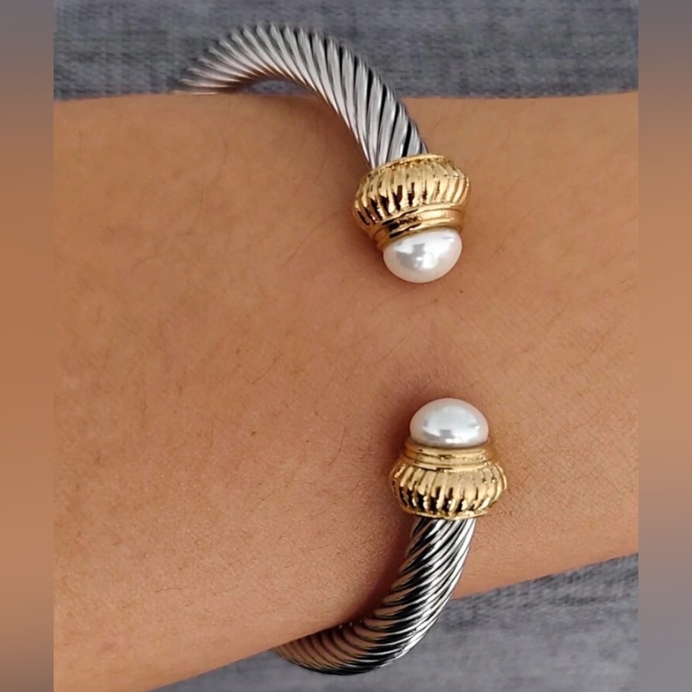 Gold & Silver Pearl-Accent Open Cuff Bracelet